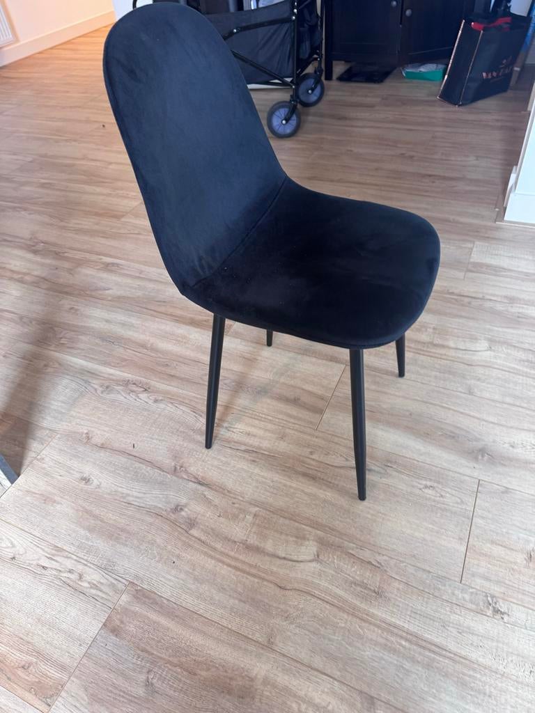 4 zwarte velours eetkamerstoelen, Ophalen, Gebruikt, Zwart, Vier