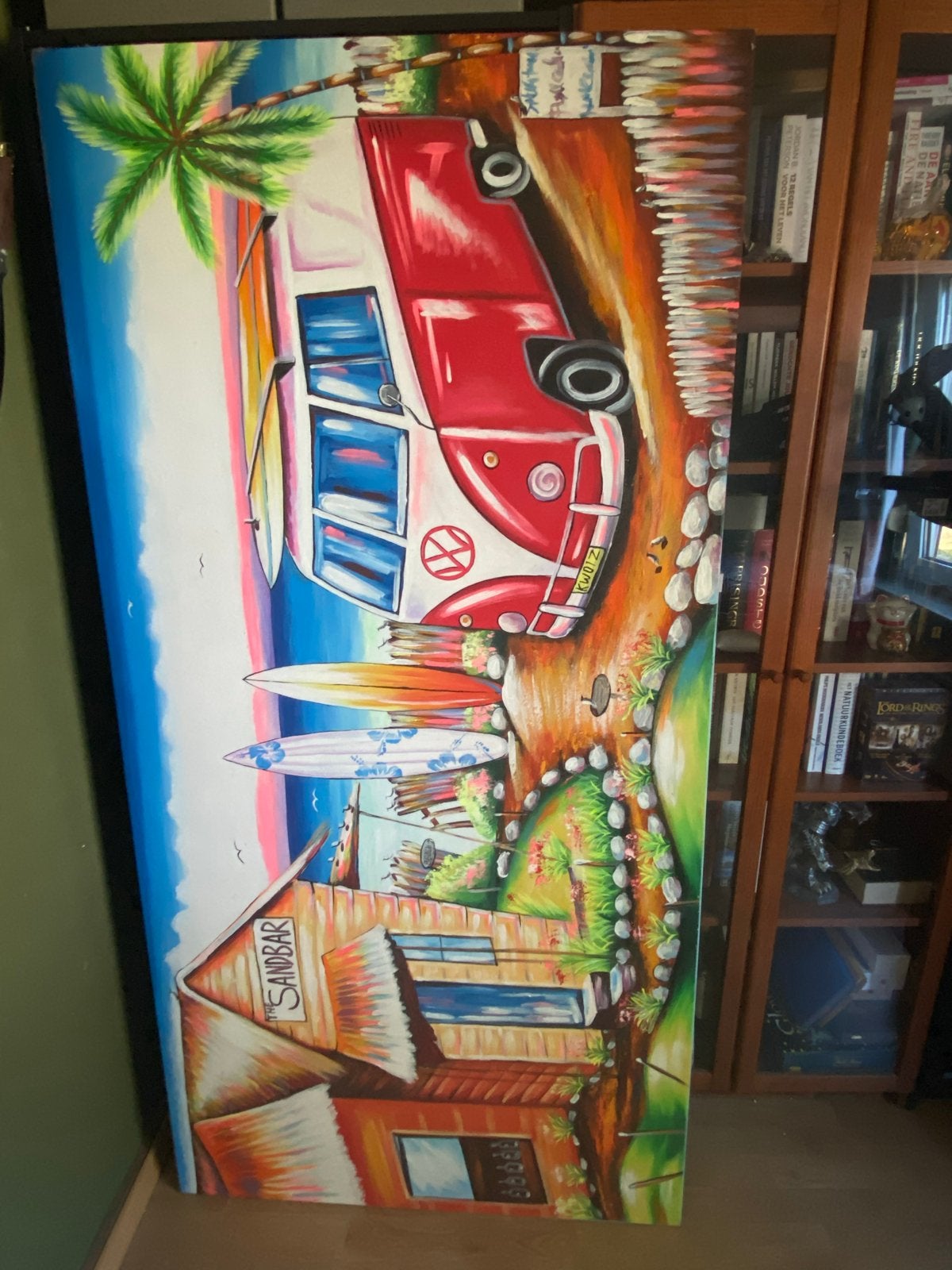 Schilderij: Volkswagen busje op het strand, Handgeschilderd, Olieverf, Textiel, Ophalen