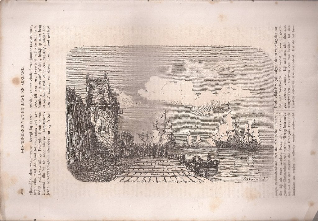 Veere Nederlandsche oorlogsschepen brengen Franse koopvaar, Gesigneerd, 1800 - 1899, 19 cm, Ophalen of Verzenden