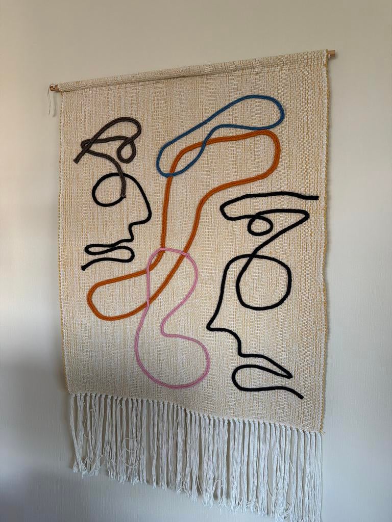 Modern Wandkleed met Abstracte Gezichten - Boho Stijl, Boho, Meerkleurig, Ophalen of Verzenden, Zo goed als nieuw