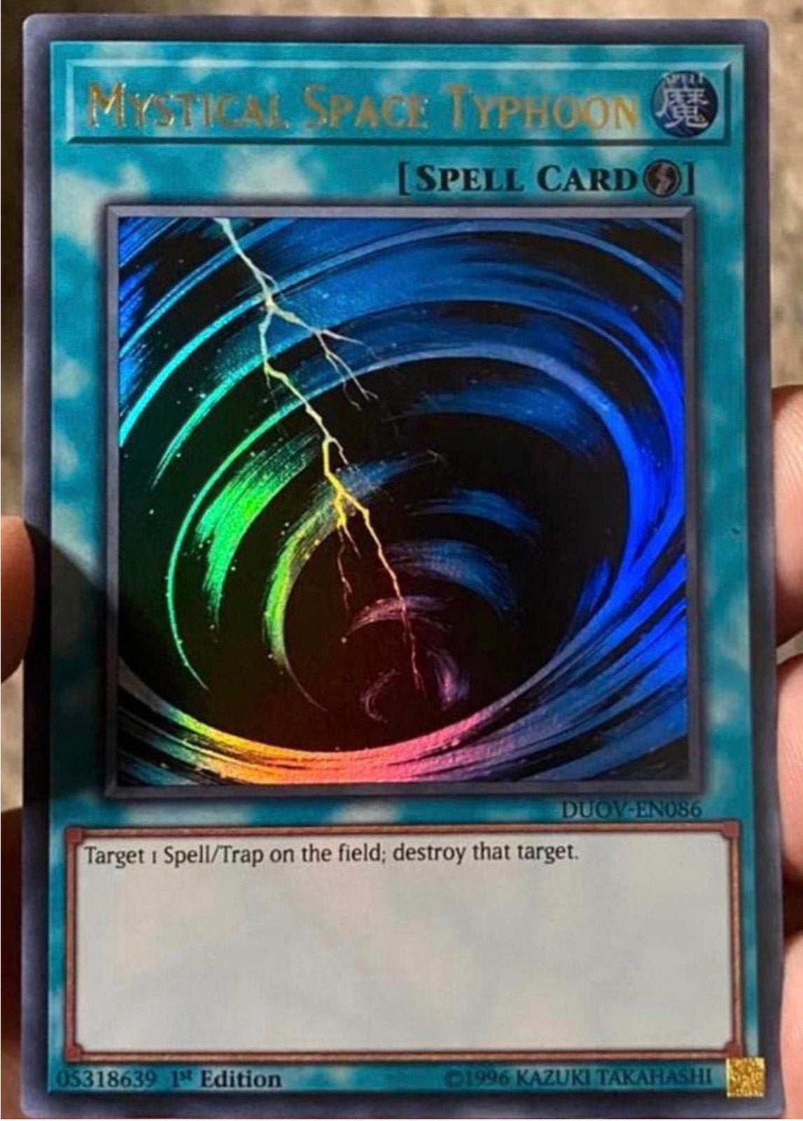 Yu-Gi-Oh! Mystical Space Typhoon DUOV 1st Edition !, Ophalen of Verzenden, Zo goed als nieuw, Losse kaart, Foil