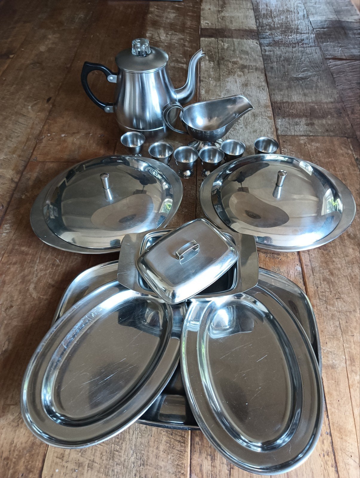 Vintage stainless steel ontbijt/diner setje, Ophalen of Verzenden, Zo goed als nieuw, Metaal, Overige stijlen