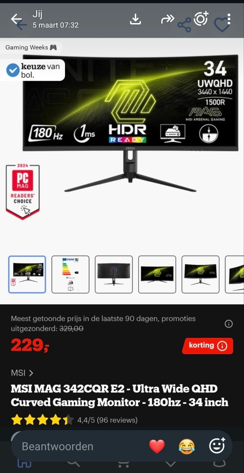 MSI MAG 342CQR E2 Ultrawide Curved Gaming Monitor 180Hz, MSI, Curved, Zo goed als nieuw, Overige typen