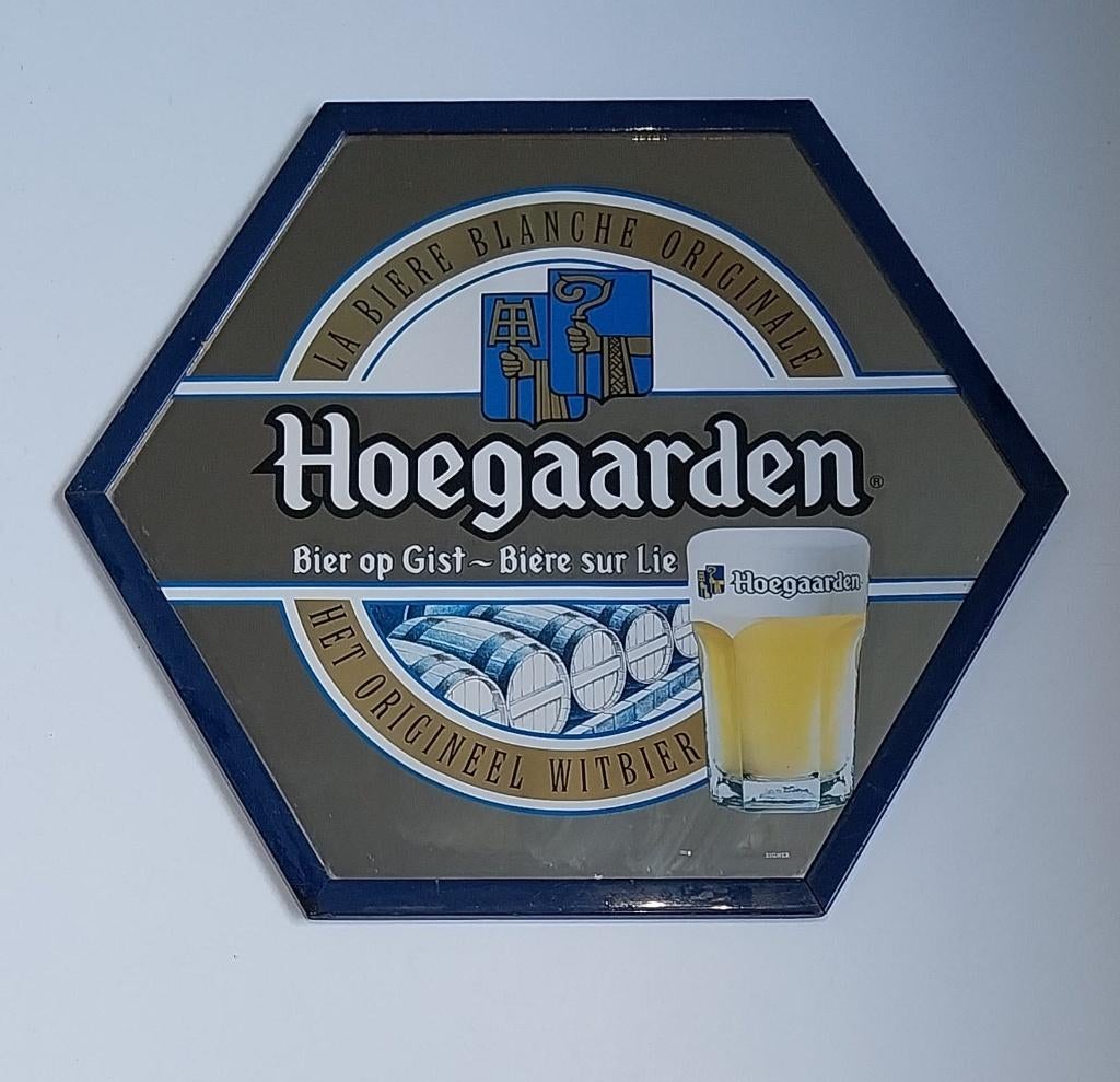 Hoegaarden 6-hoekig Bierspiegel /Barspiegel /Reclamespiegel, Ophalen of Verzenden, Gebruikt, Reclamebord, Plaat of Schild, Overige merken