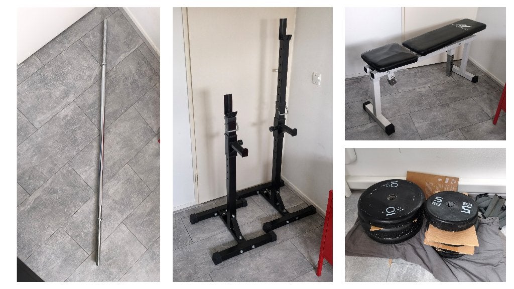 Complete homegym set: squat rek, bank, stang en schijven, Sport en Fitness, Ophalen, Gebruikt, Armen, Overige typen