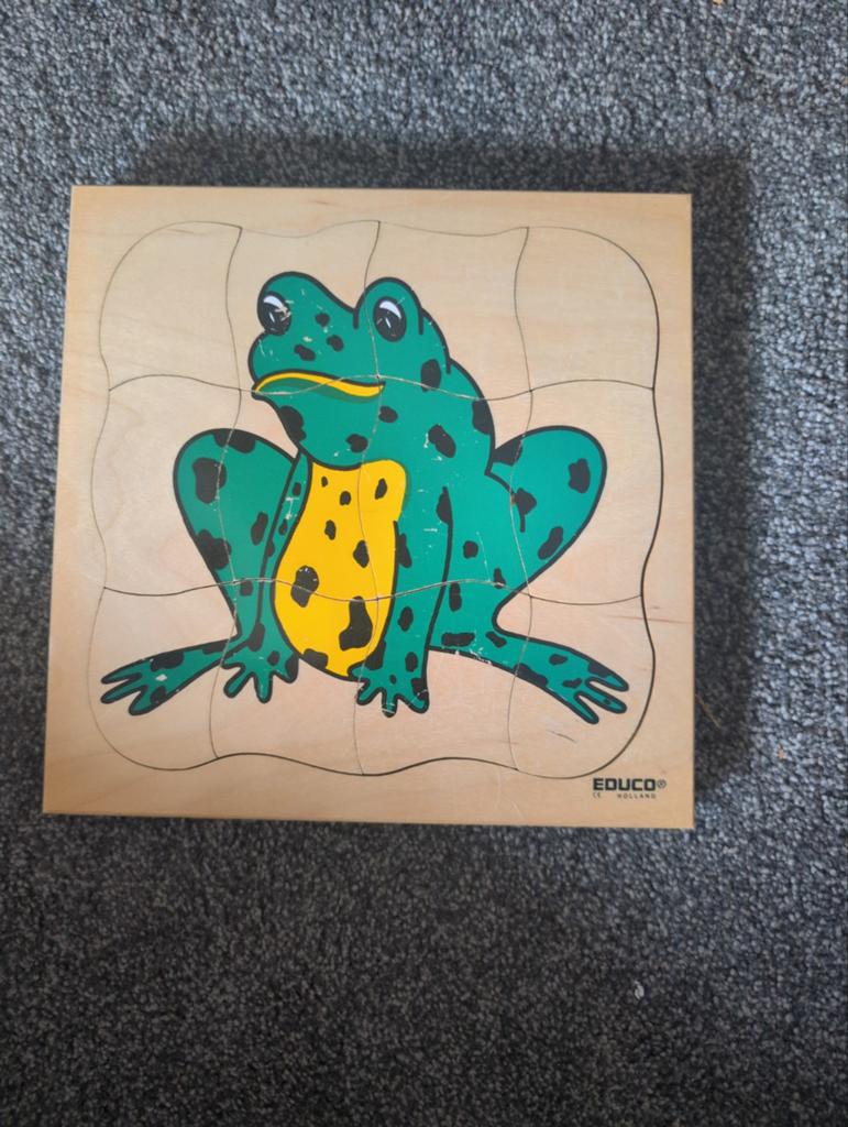 Educo Puzzel Kikker: Levenscyclus van Kikkerdril tot Kikker, 2 tot 4 jaar, Gebruikt, Ophalen of Verzenden, Van hout
