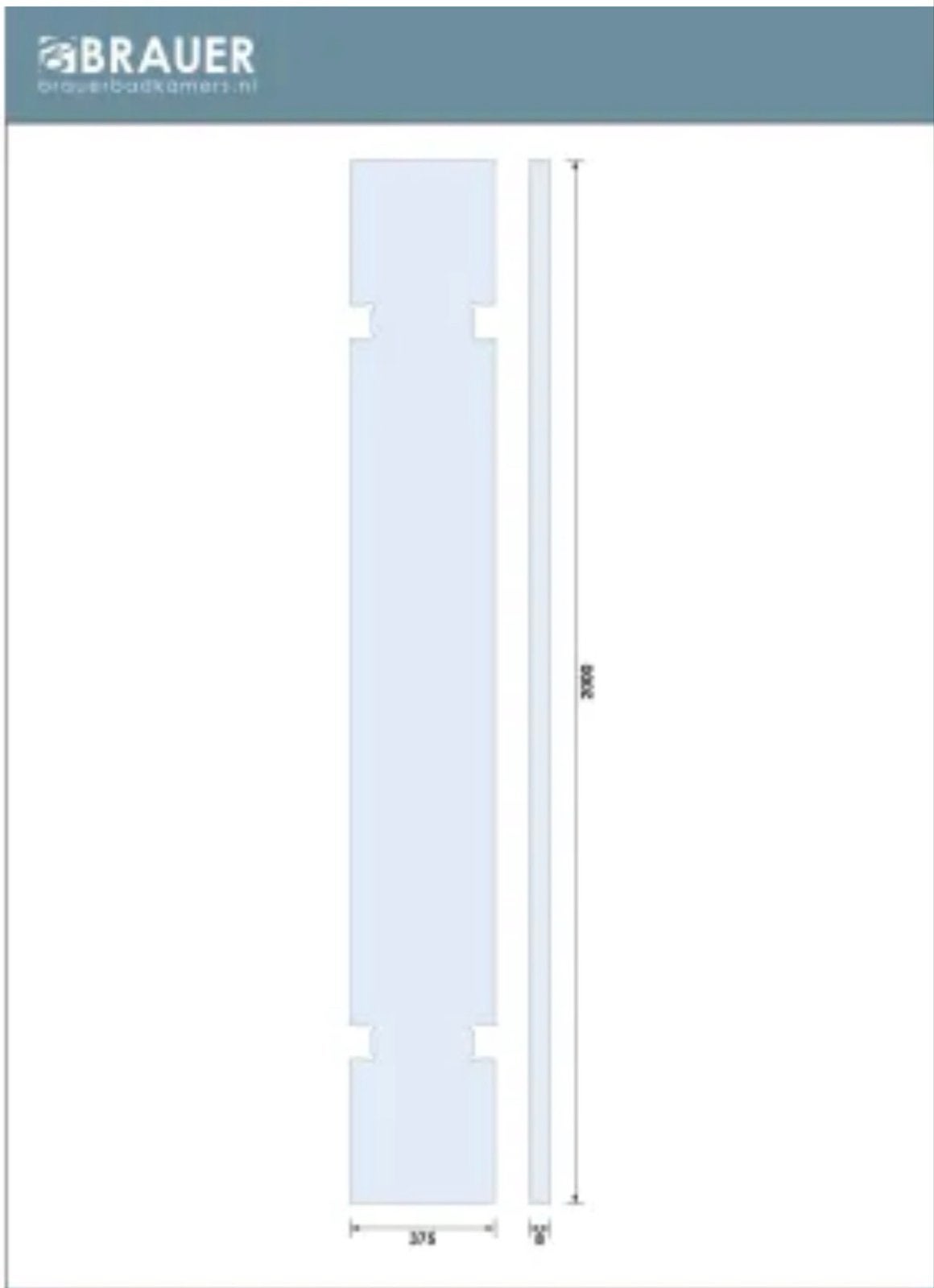 Brauer Douchewand W2-40 Glasplaat 200x37.5cm, Ophalen, Minder dan 80 cm, Nieuw, 160 cm of meer