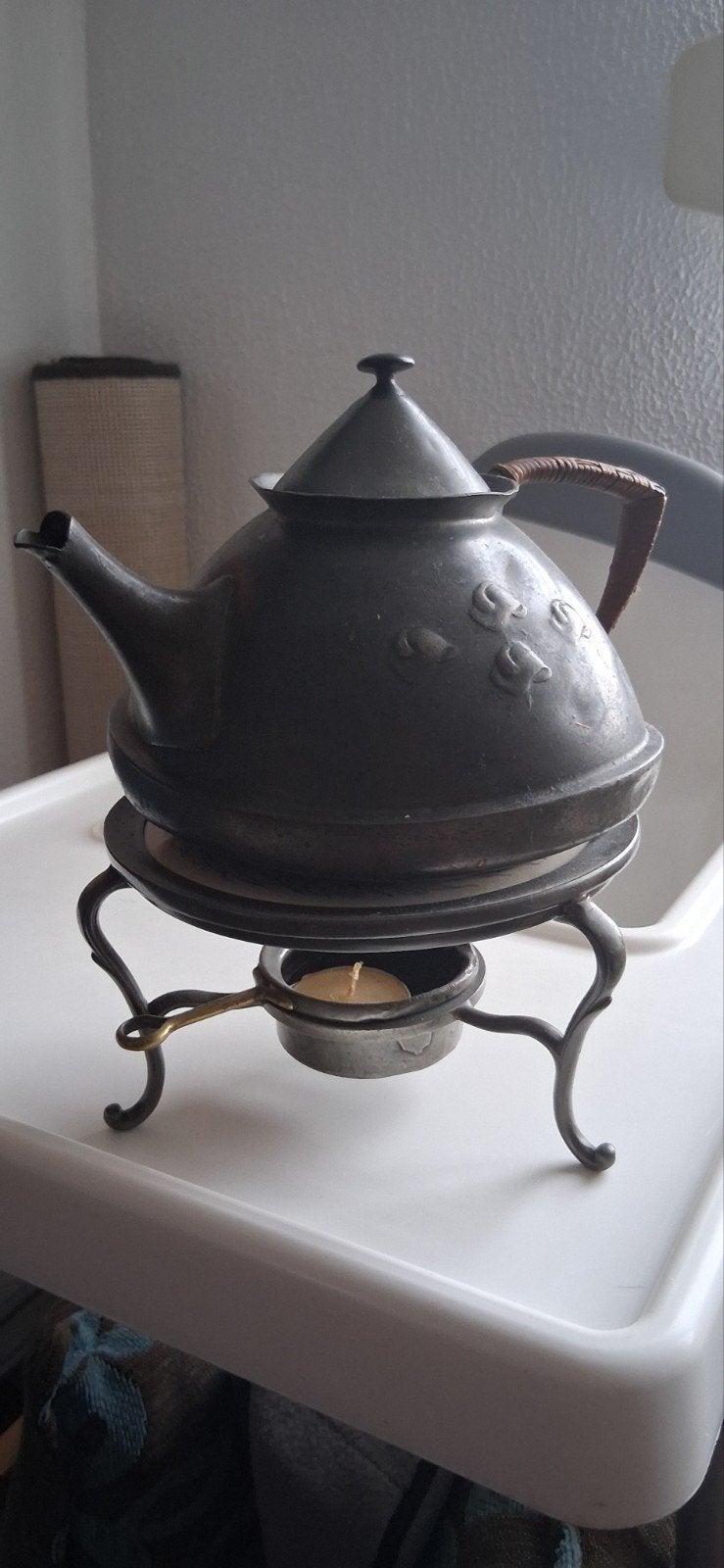 Antieke tinnen theepot met rechaud, Antiek en Kunst, Antiek | Tin, Ophalen of Verzenden