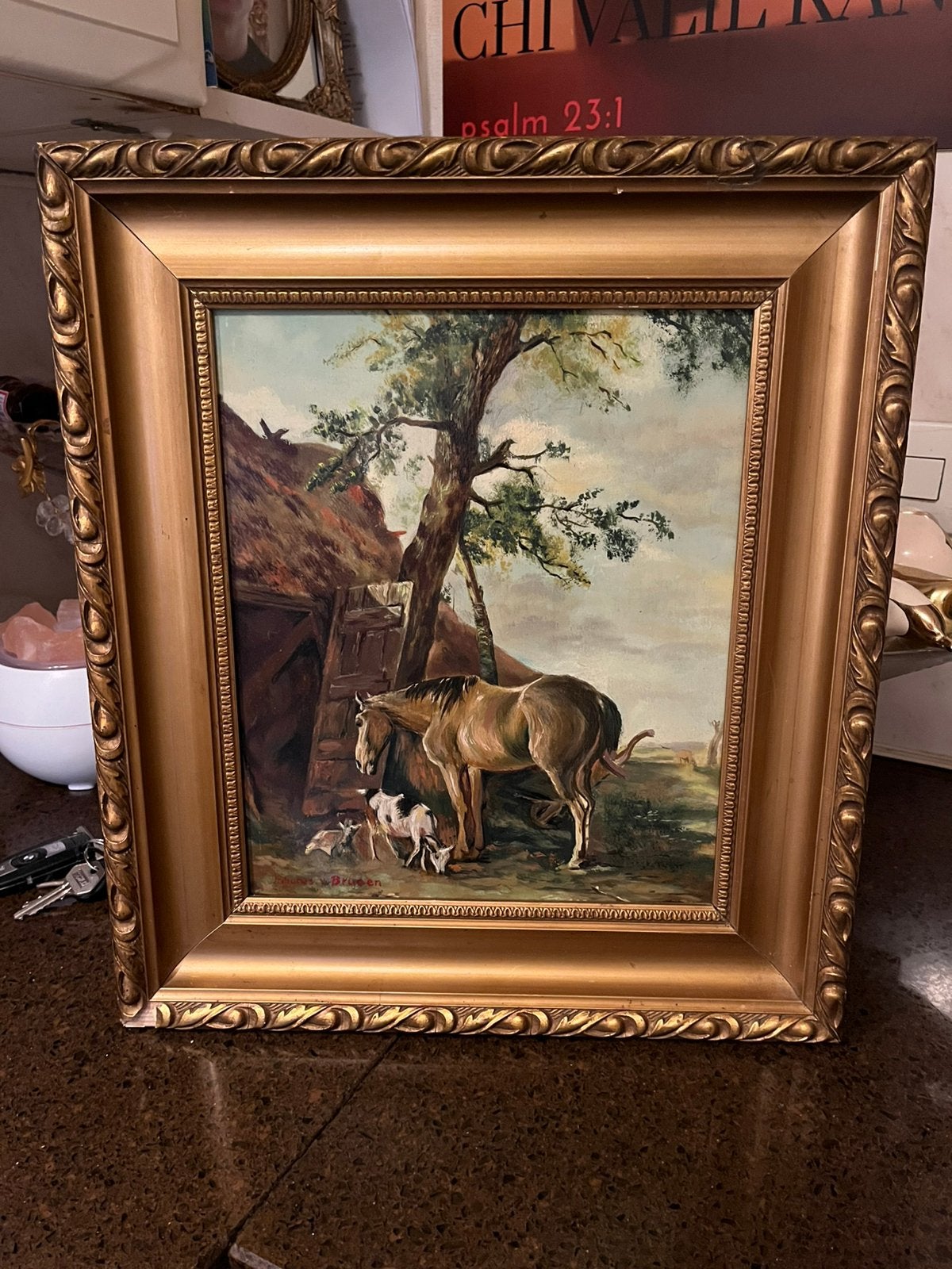 Oud olieverf schilderij, bij de stal, Ophalen