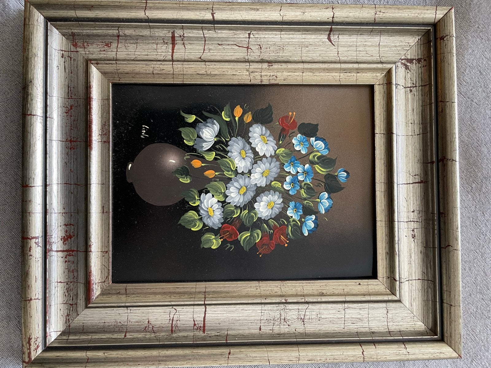 Schilderij bloemenvaas, gesigneerd 'Linda', Bloemen, Paneel, Realistisch, Ophalen of Verzenden