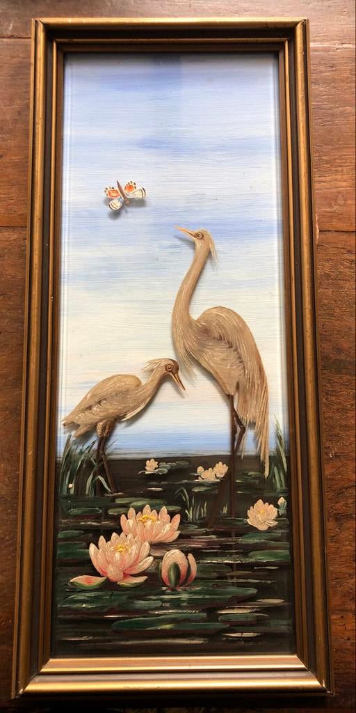 Vintage Schilderij met Reigers en Vlinder, Ophalen of Verzenden