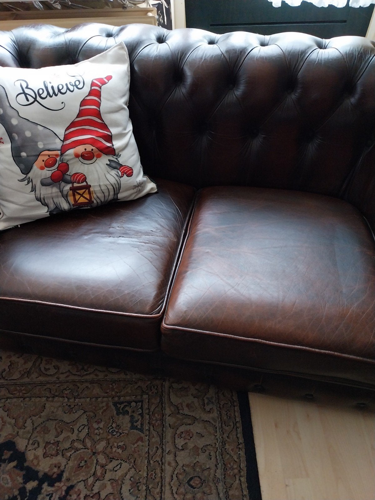 2-zits Chesterfield bank - Bruin leer, Ophalen, Gebruikt, 150 tot 200 cm, Tweepersoons