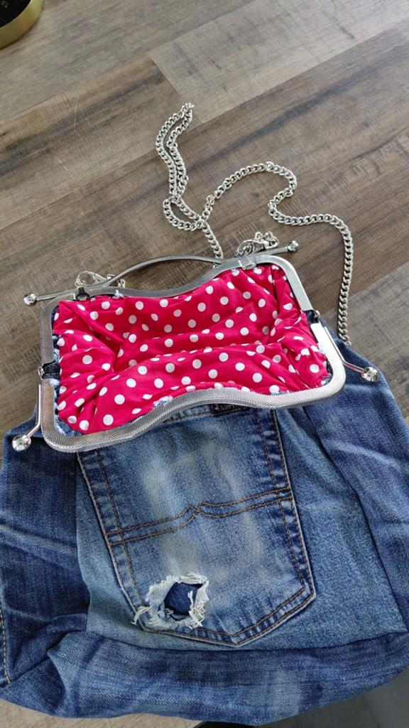 Unieke spijkerstof handtas met ketting en stippenvoering, Ophalen of Verzenden, Gebruikt, Blauw, Handtas