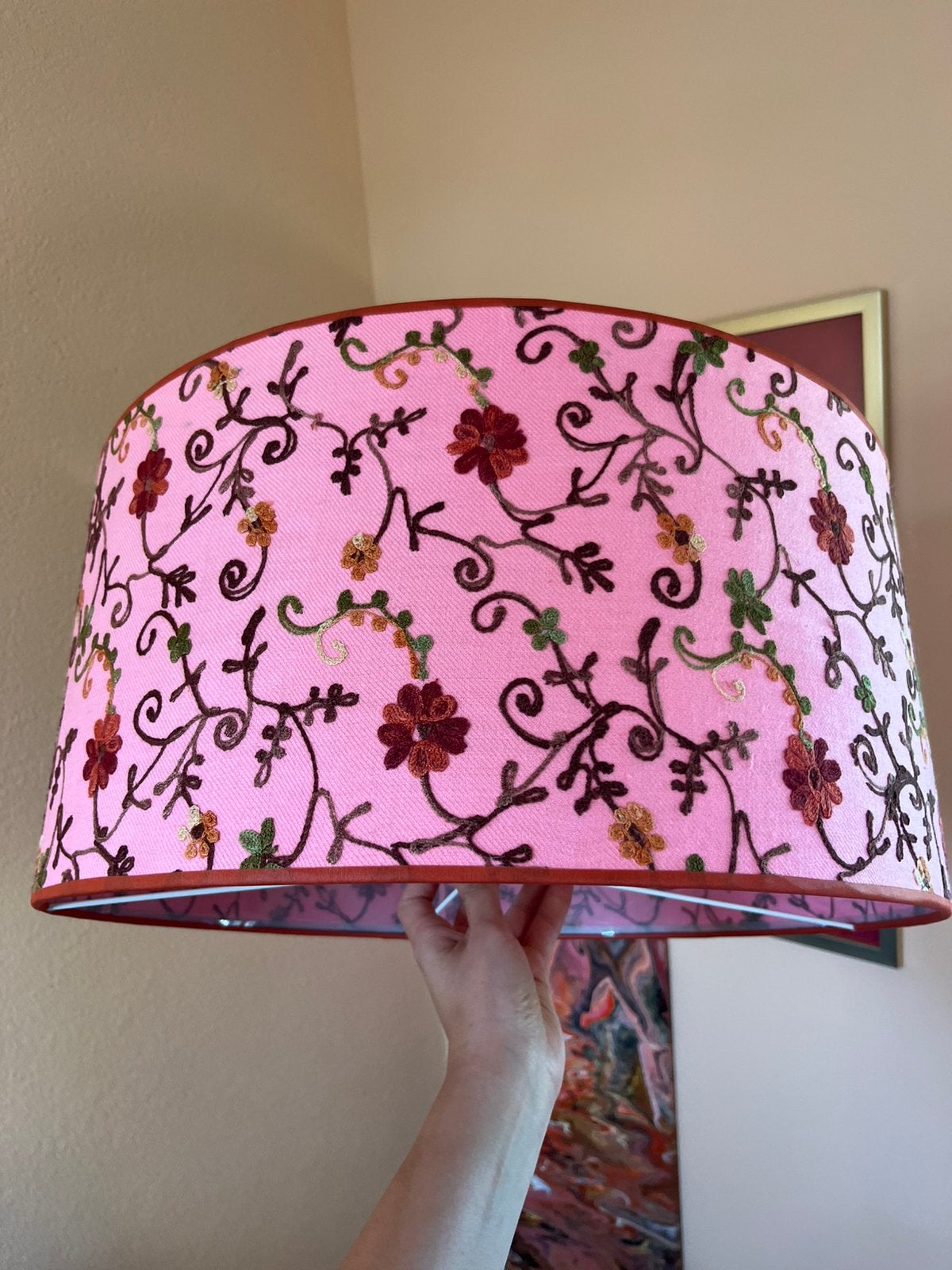 Grote roze lampenkap borduursels bloemen, Ophalen, Zo goed als nieuw, Roze