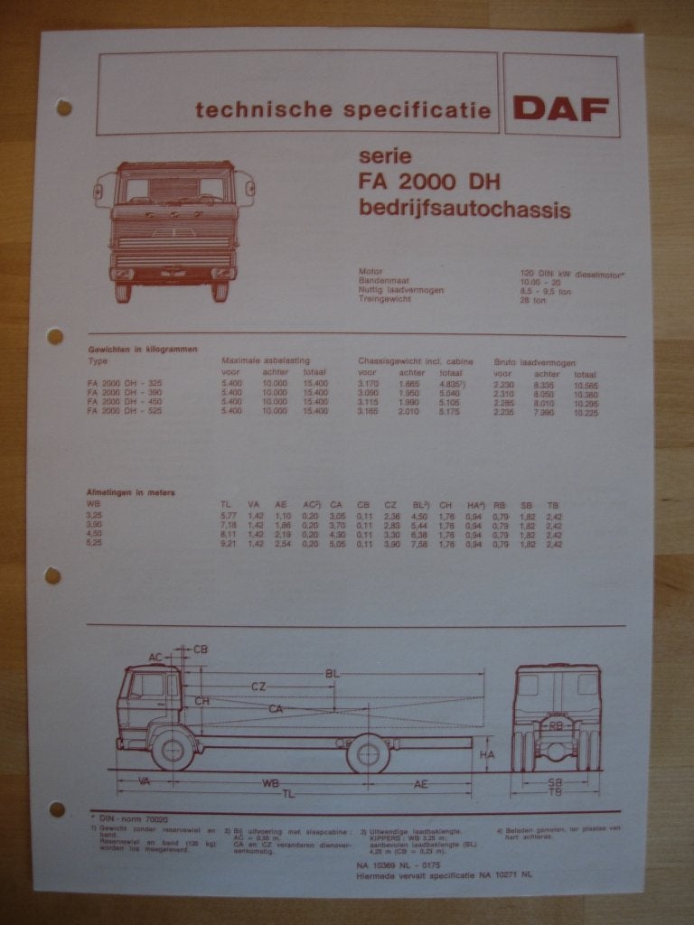 DAF FA 2000 DH Technische Specificatie folder 1975 – 4x2, Ophalen of Verzenden, Zo goed als nieuw, Overige merken, DAF