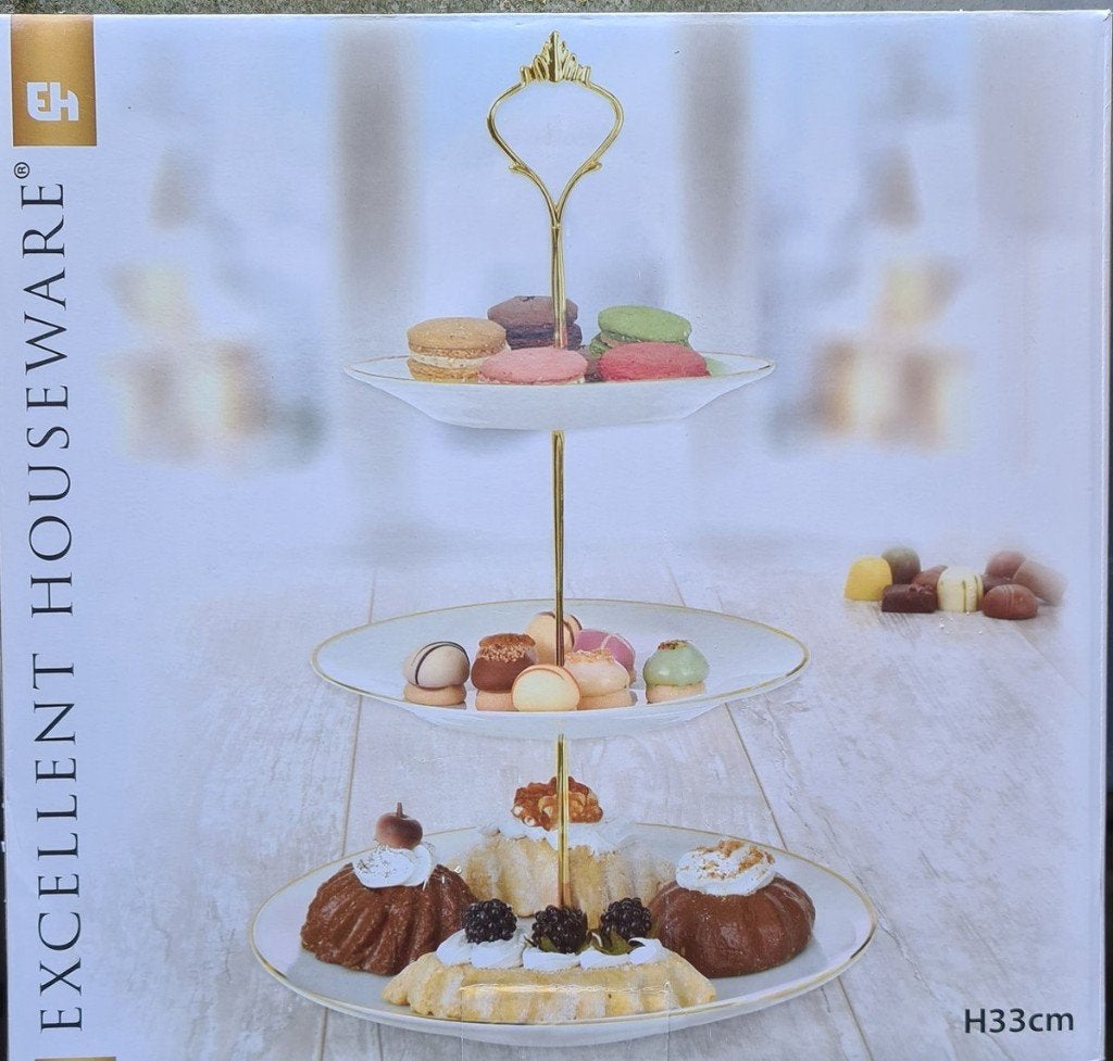 SETVOORDEEL! Excellent Houseware, 3-laags Etagere wit / goud, Demontabel, Etagère, Nieuw, Ophalen of Verzenden
