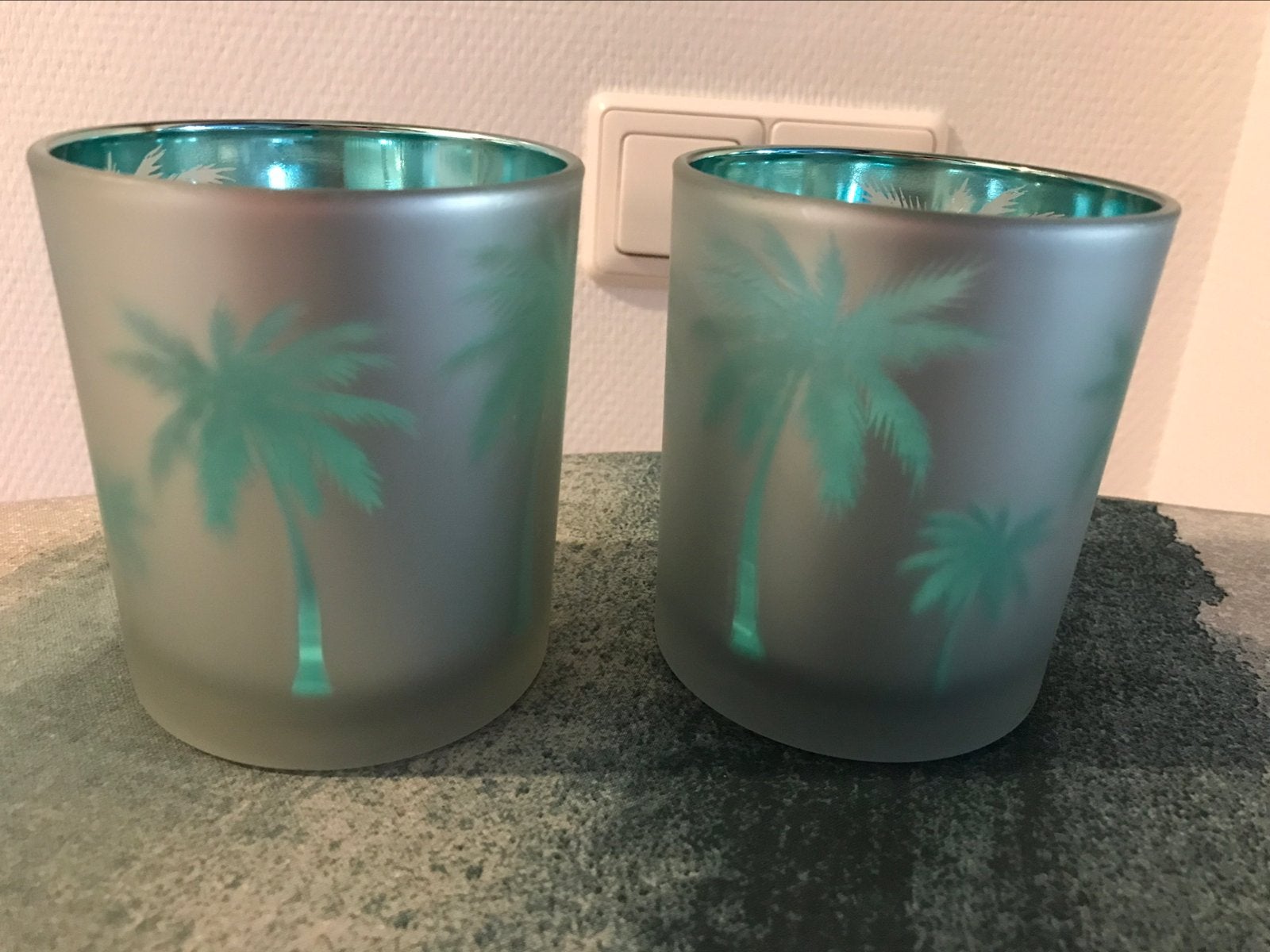 Waxinelicht houder kandelaar windlicht turkoois palmboom, Kandelaar, Verzenden, Blauw, Glas
