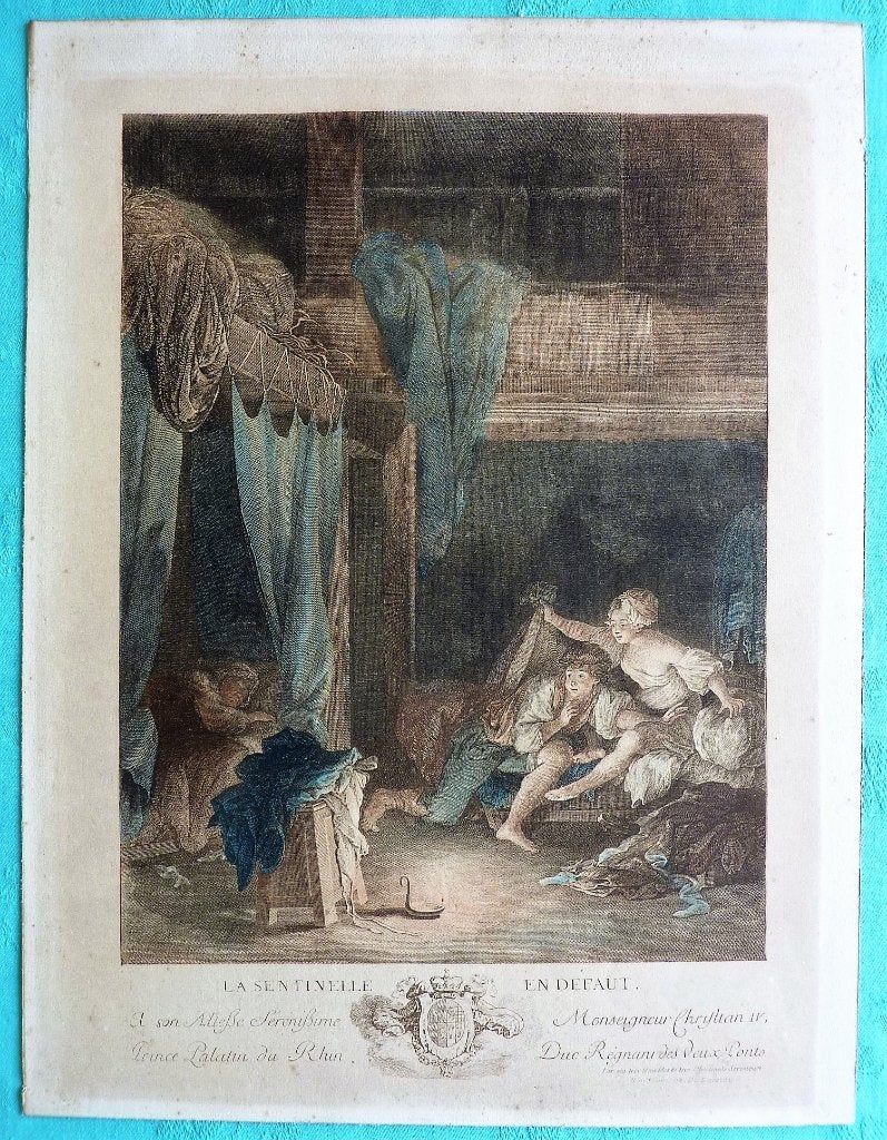 Franse schilder Pierre-Antoine Baudouin, La Sentinelle en dé, Antiek en Kunst, Origineel werk, Portret of Personen, Ophalen of Verzenden