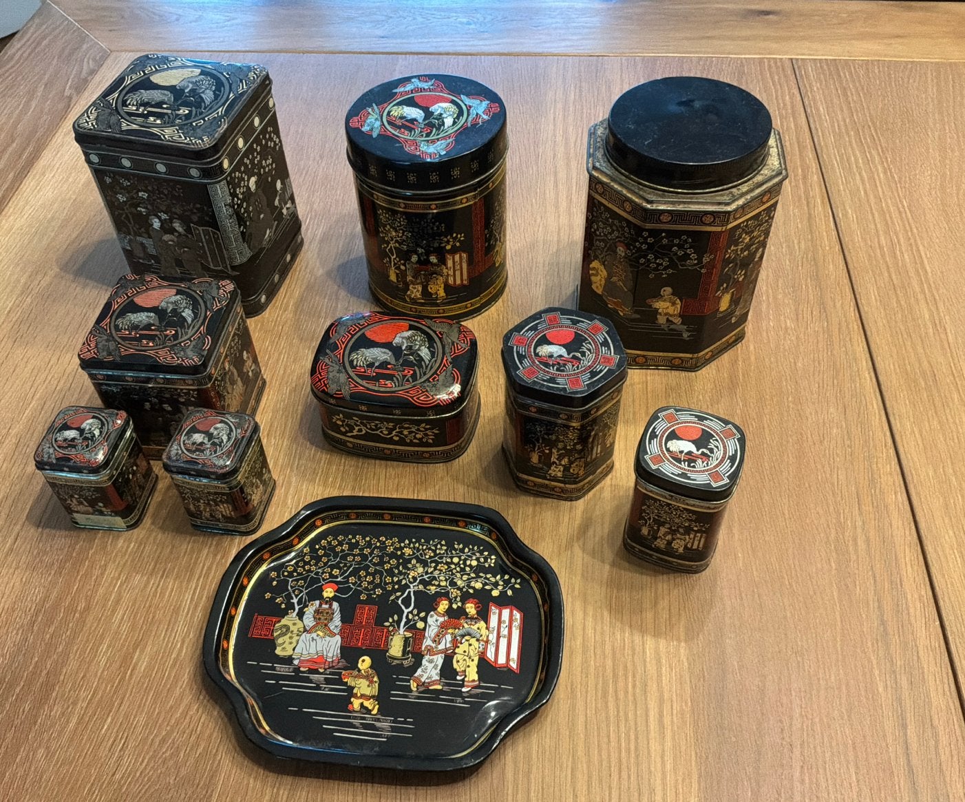 Antieke Chinese Lakwerk Blikken en Dienblad Set, Ophalen of Verzenden