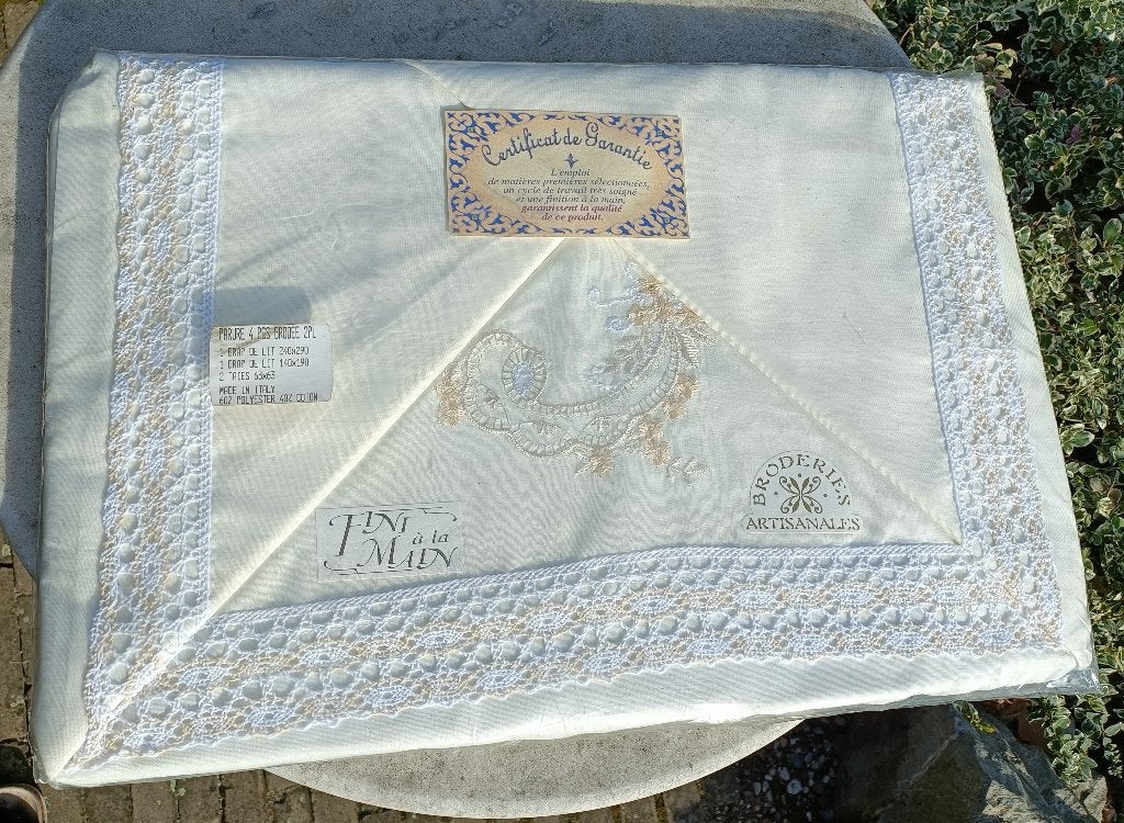 NIEUW vintage beddengoed 2x laken 2x sloop broderie (BG35), Ophalen of Verzenden, Nieuw, Eenpersoons, Kussen