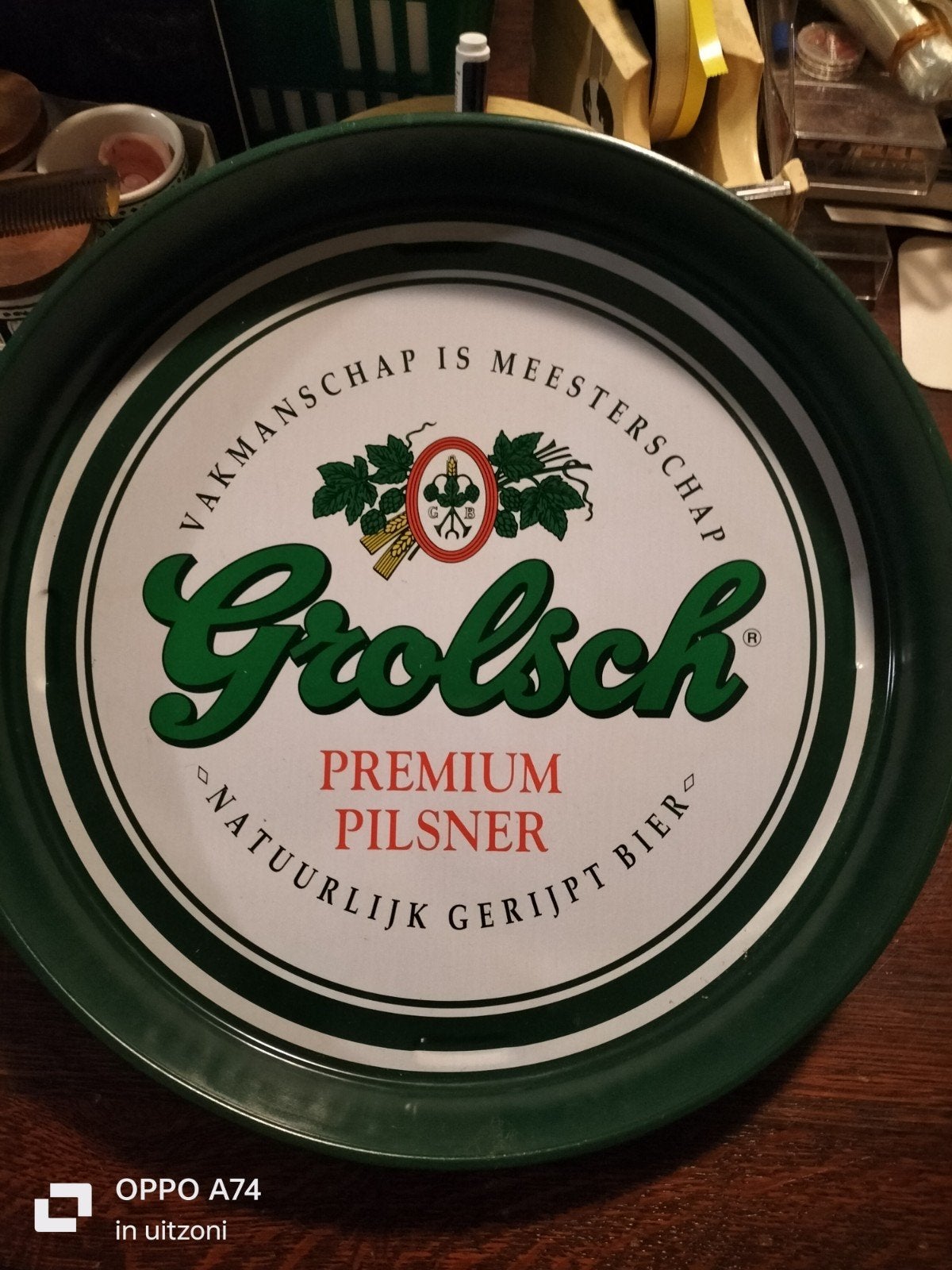 Grolsch dienblad met inlegvilt - Vintage bier dienblad, Gebruikt, Met opstaande rand, Rond, Ophalen of Verzenden