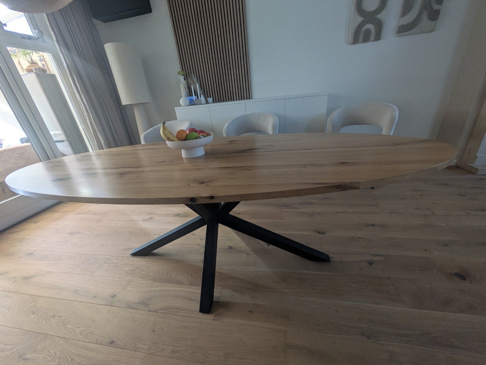 Eikenhouten ovale eettafel met spinpoot, Ophalen, Modern, Industrieel, Landelijk, 100 tot 150 cm, Zo goed als nieuw