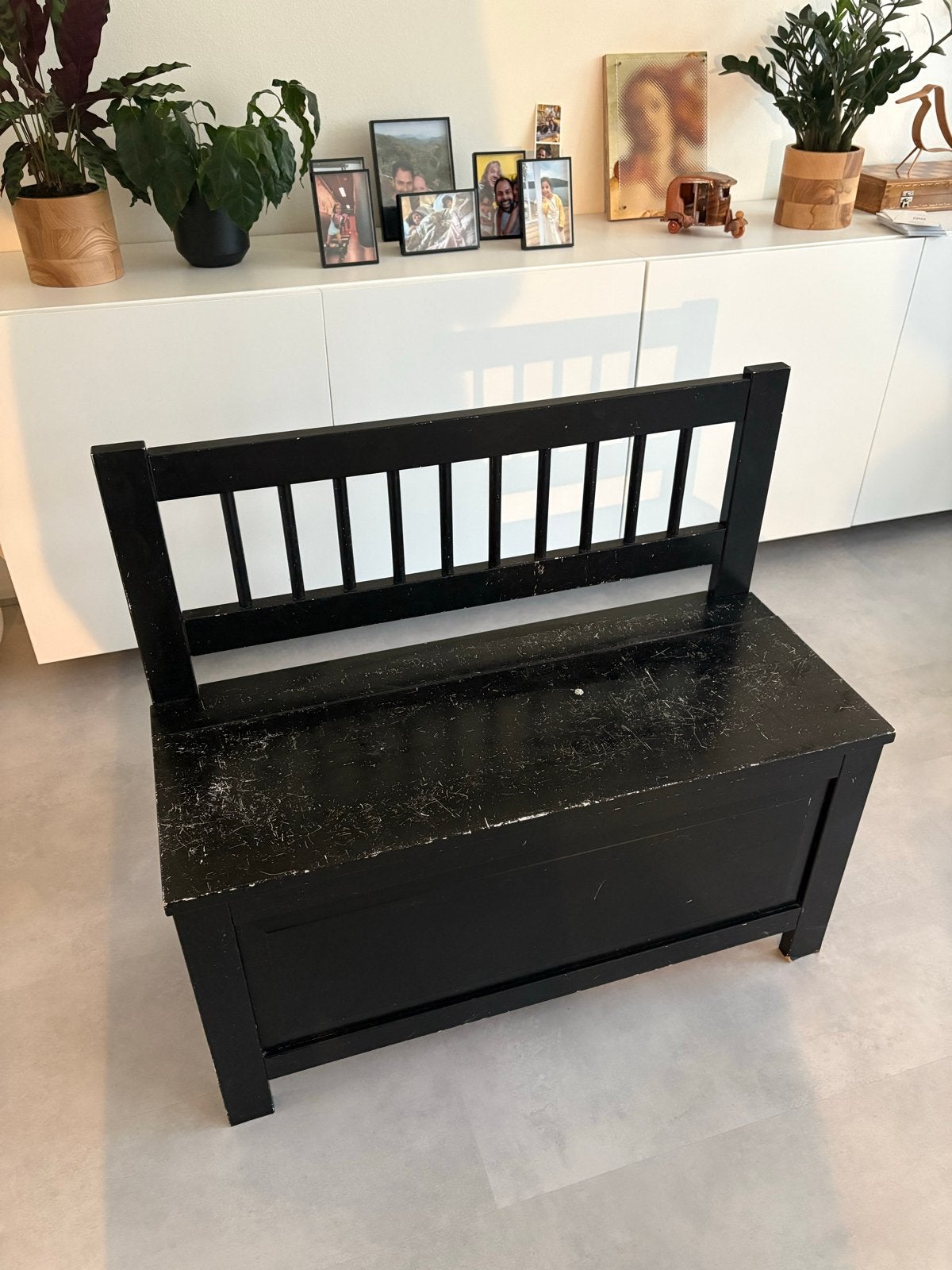 Houten bankje met opbergruimte, opknapper, Huis en Inrichting, Stoelen, Ophalen, Gebruikt, Zwart, Eén