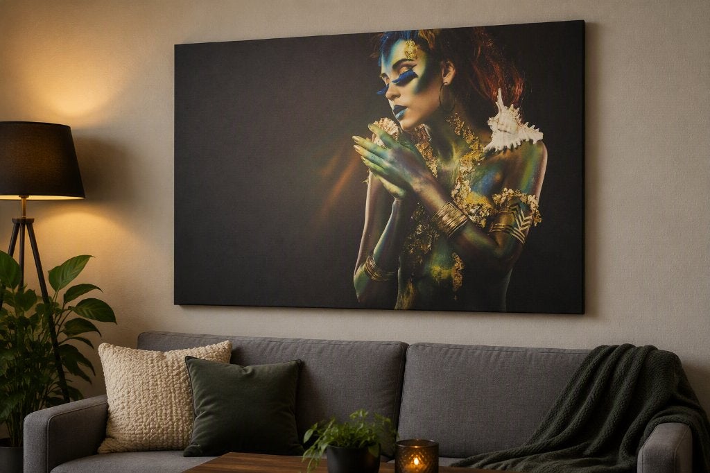 canvas vrouw met schelpen en bodyart 75x100 cm, Ophalen of Verzenden