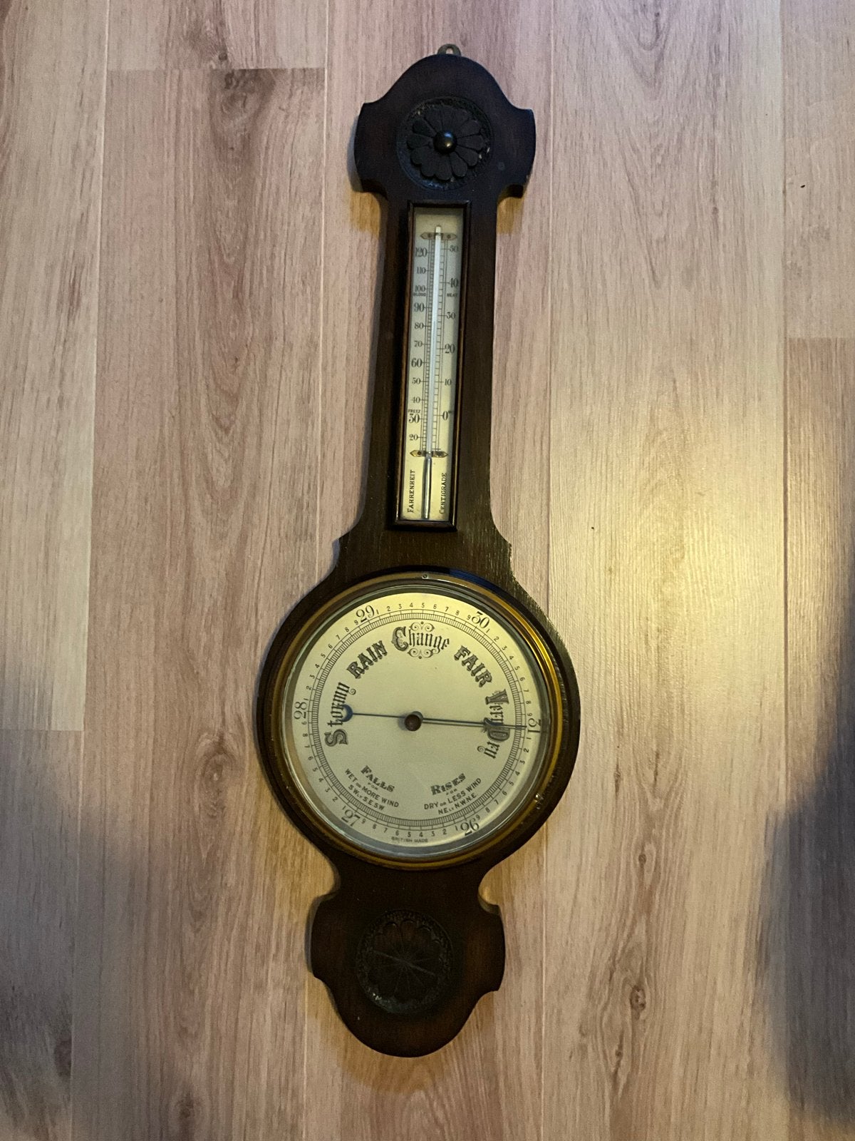 Antieke Barometer en Thermometer - Hout, Audio, Tv en Foto, Weerstations en Barometers, Ophalen, Gebruikt, Barometer
