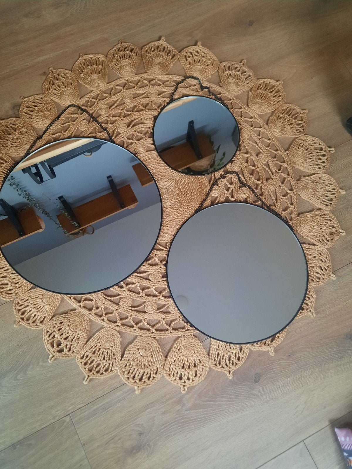 Set van 3 ronde spiegels met ketting, Huis en Inrichting, Minder dan 50 cm, Gebruikt, Rond, Ophalen of Verzenden