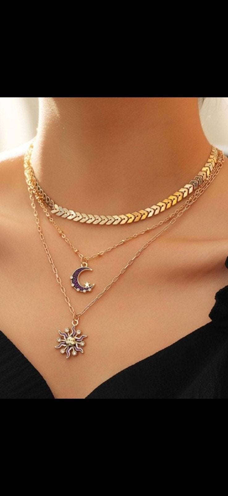 Gelaagde ketting met zon en maan hangers, Met kristal, Overige materialen, Nieuw, Ophalen of Verzenden