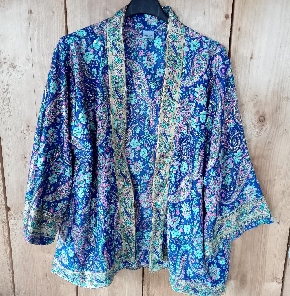 Zijden Boho stijl paisley kimono blauw, Verzenden, Zo goed als nieuw, Maat 38/40 (M), Blauw