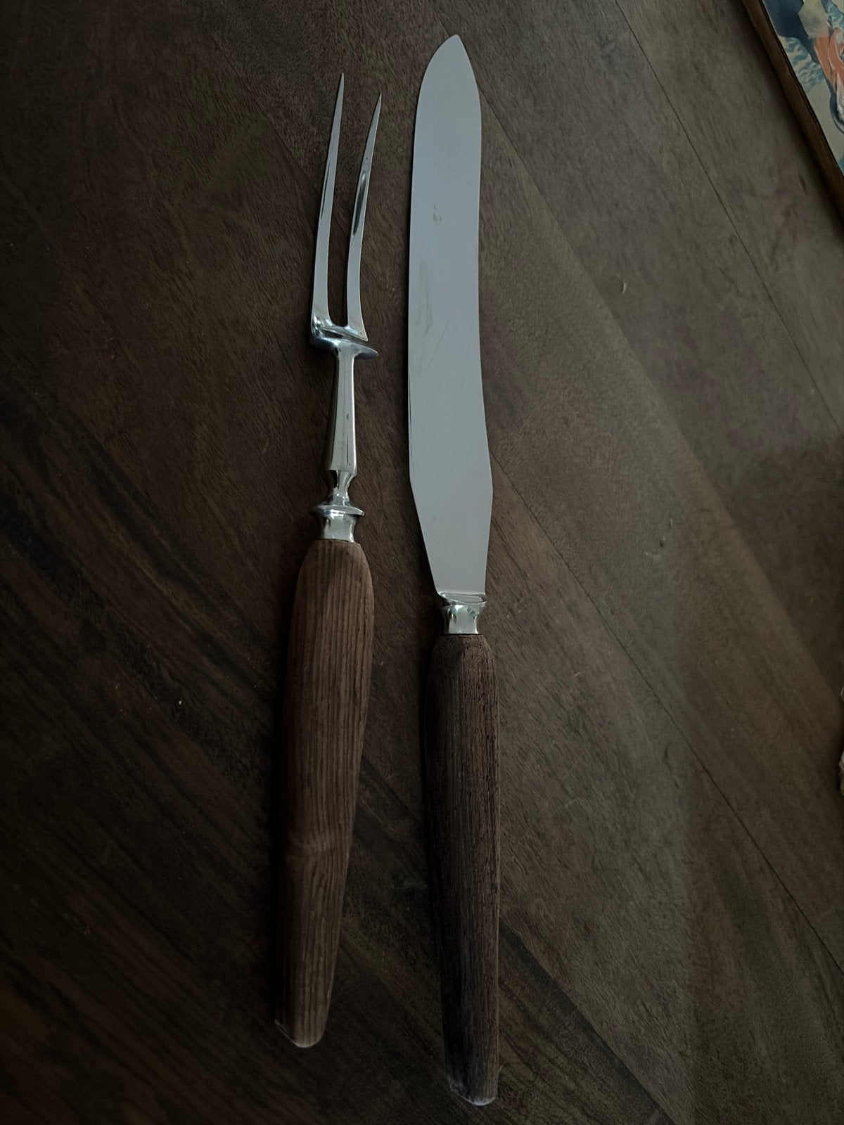 Vintage vleesvork en mes set met houten handvatten, Antiek en Kunst, Ophalen of Verzenden