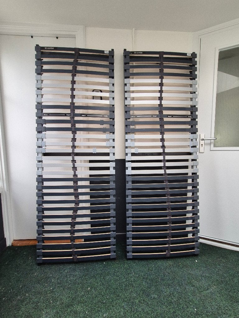 Lattenbodems bed (2x) 70x200 cm, Ophalen, Overige materialen, Zwart, Tweepersoons
