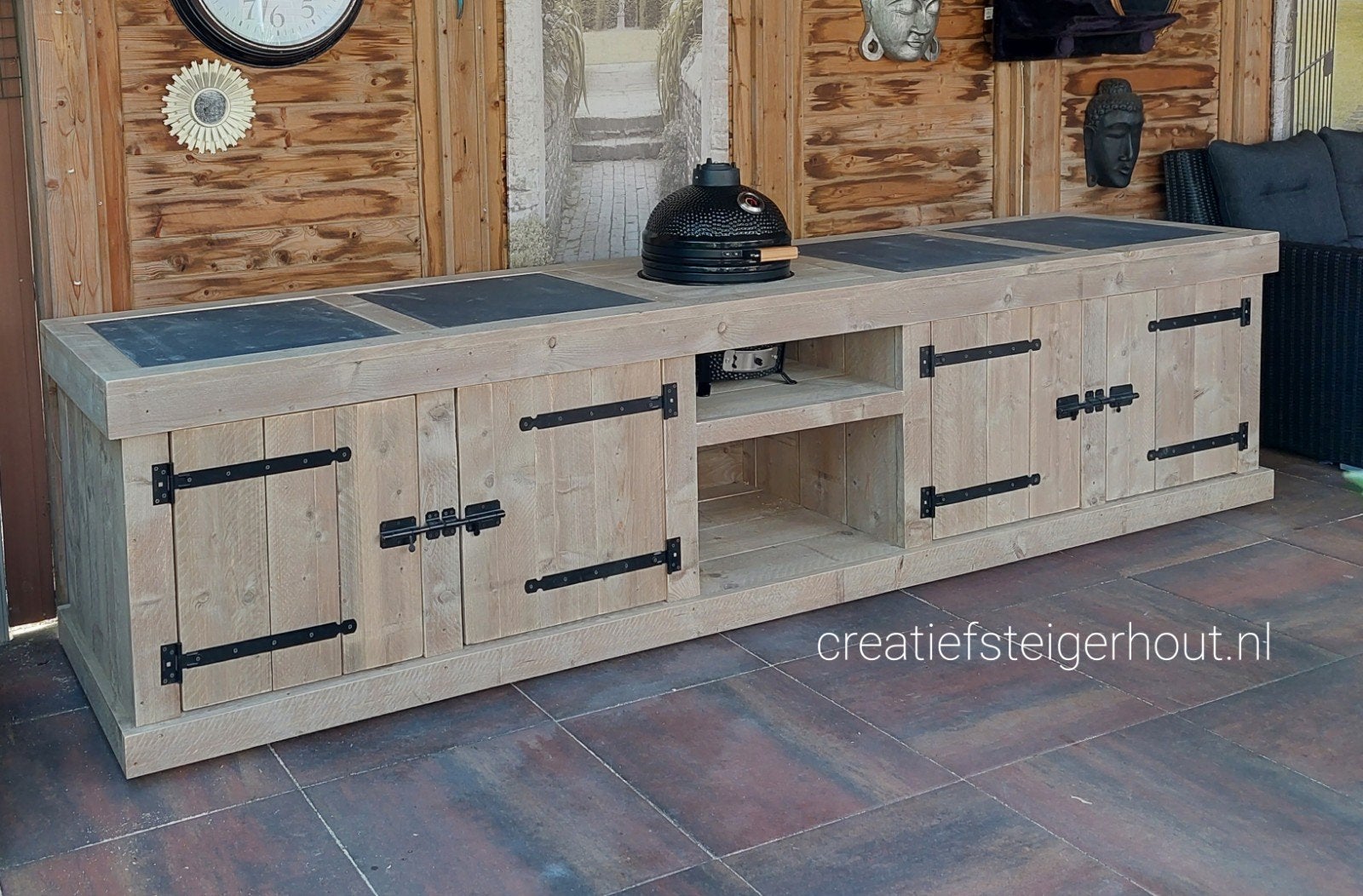 Houten buitenkeuken voor overkapping egg steigerhout kamado, Verzenden, Nieuw, Houtskool, Inbouw