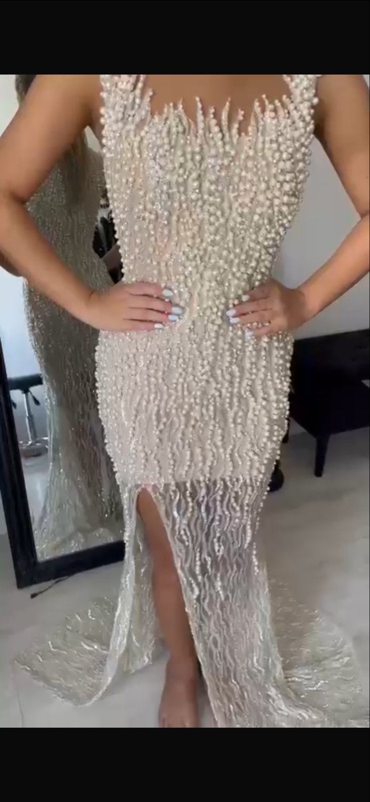 Op maat gemaakte parelmoer avondjurk, maat 36, Kleding | Dames, Jurken, Ophalen, Beige, Zo goed als nieuw, Maat 36 (S)