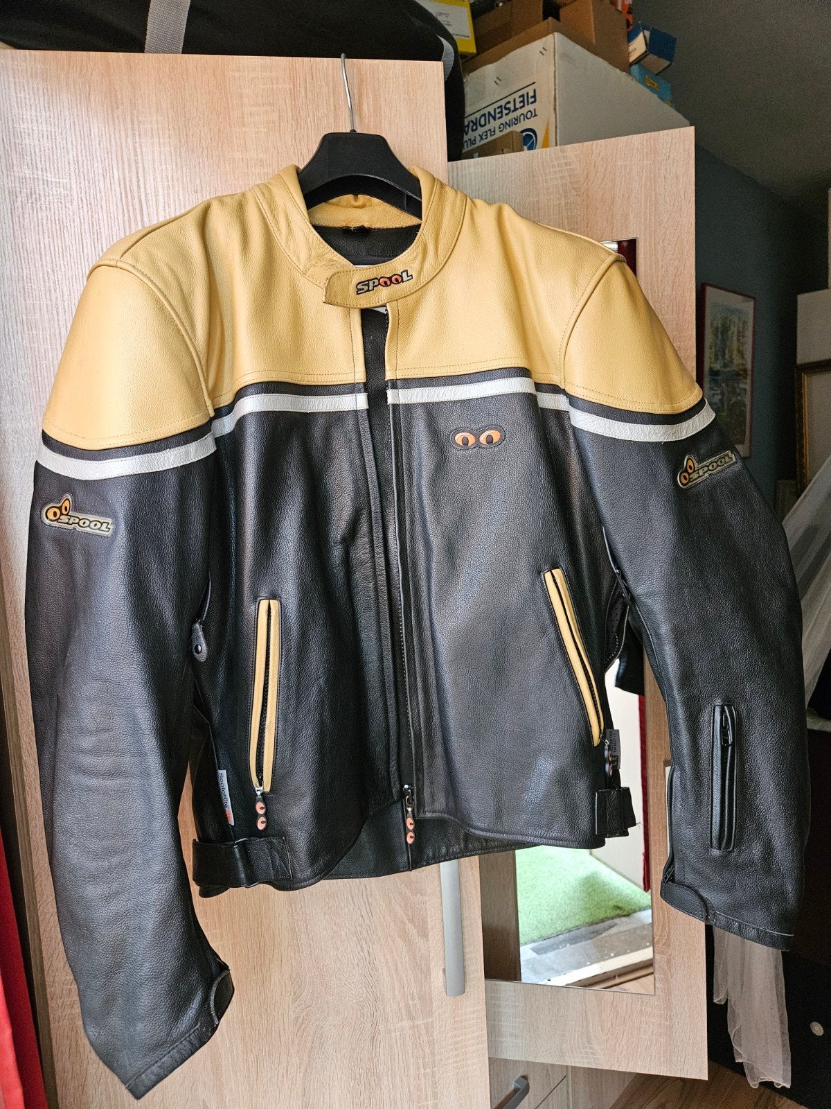 Spool Leren Motorjas Zwart/Geel Maat 58 (XXXL) Heren, Heren, Jas | leer, Ophalen of Verzenden, Spool