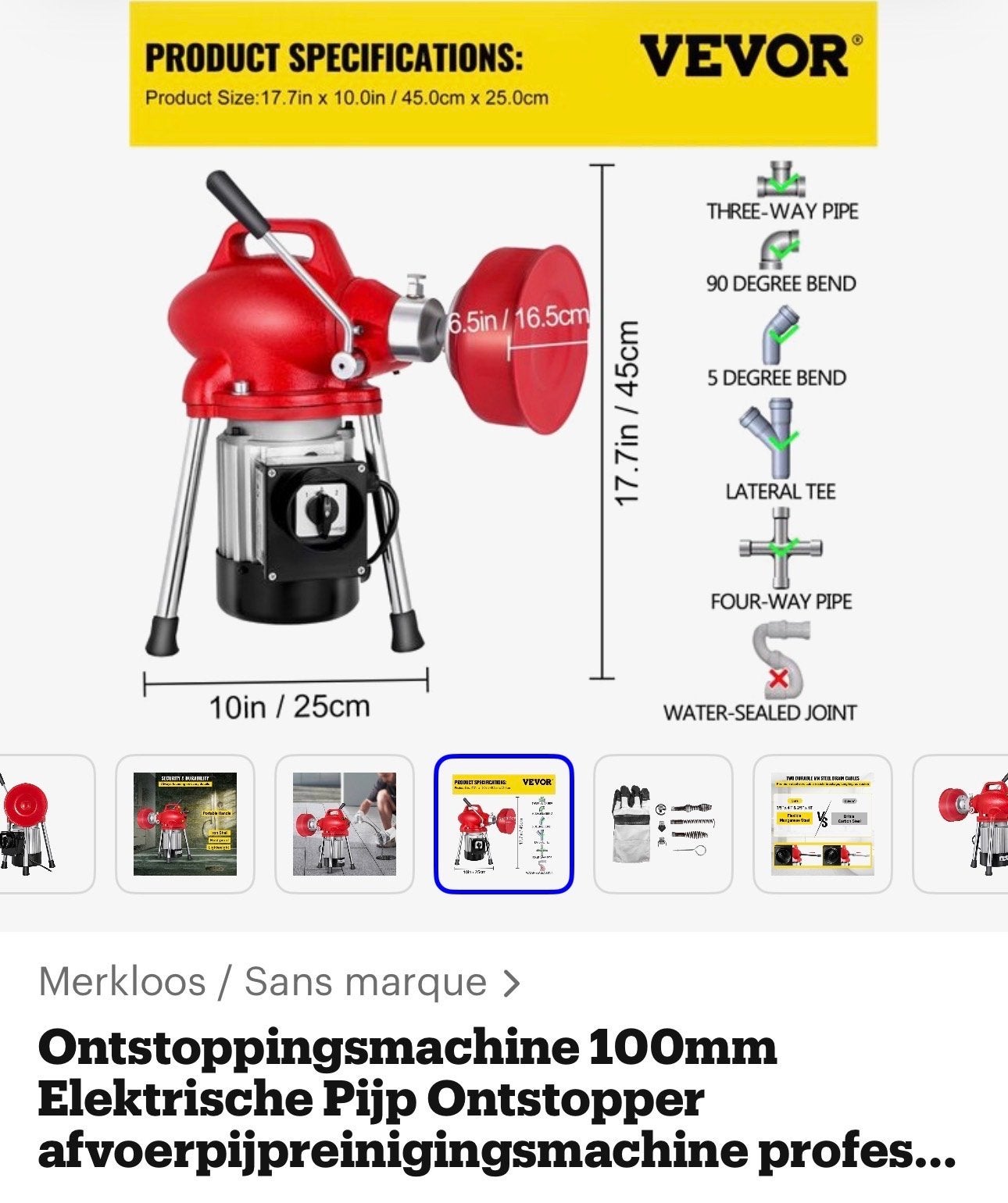 Vevor Rioolontstopper 100mm Elektrische Pijp Ontstopper, Ophalen of Verzenden, Zo goed als nieuw, Overige typen