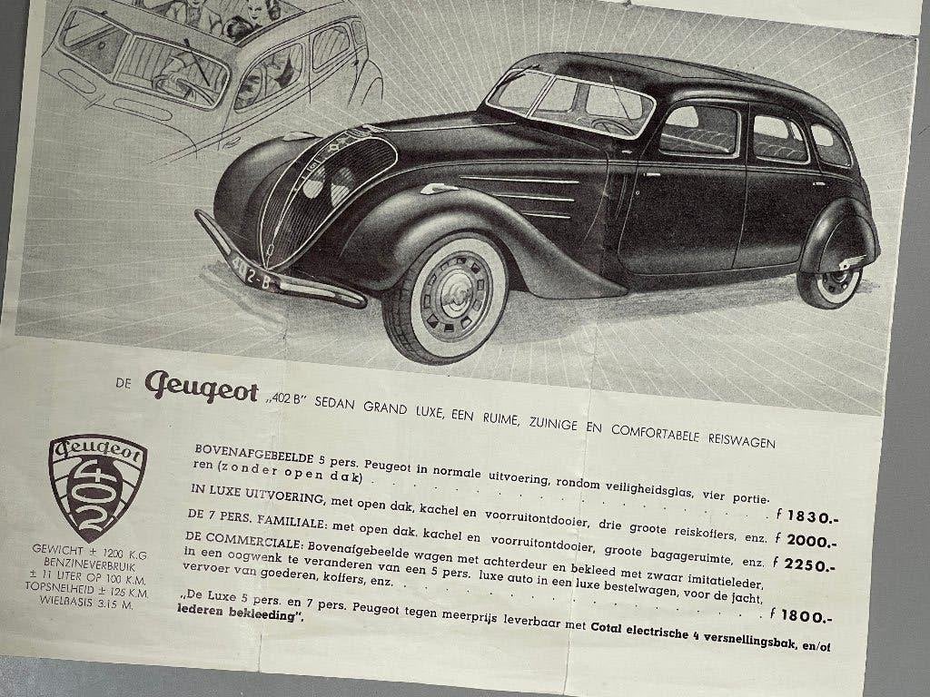 Peugeot folder uit 1939.  Modellen 202 / 402, Ophalen of Verzenden, Gelezen, Peugeot