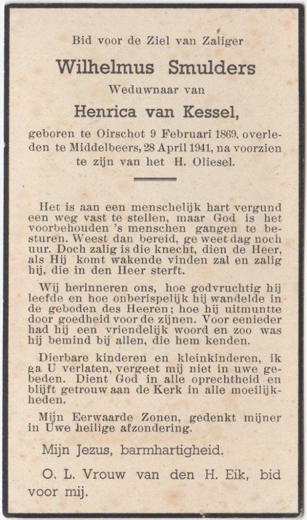 Wilhelmus Smulders 1869 Oirschot + 1941 Middelbeers, 72 jr, Verzamelen, Verzenden