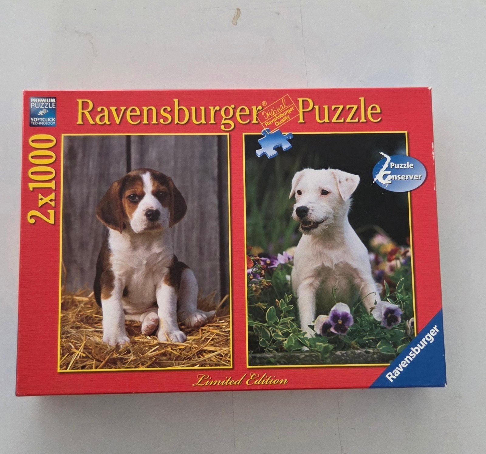 Ravensburger 2x1000 stukjes puzzel met puppy's, Ophalen of Verzenden, 500 t/m 1500 stukjes, Gebruikt, Legpuzzel