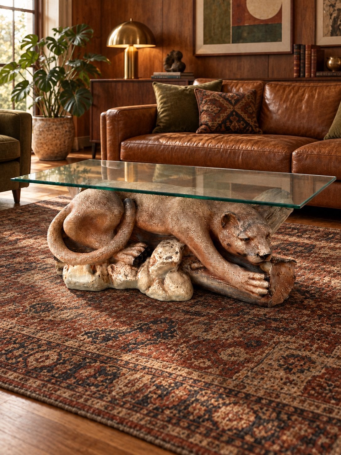 Salontafel met luipaard onderstel en glazen blad, Gebruikt, 100 tot 150 cm, Ophalen of Verzenden, Glas