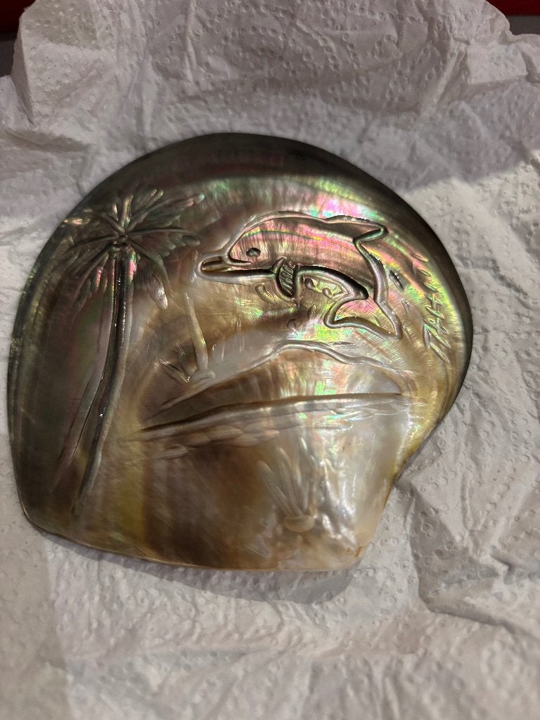 Vintage handgesneden Tahitiaanse parelmoer schelp - ca.10 cm, Ophalen of Verzenden, Overige materialen, Overige typen