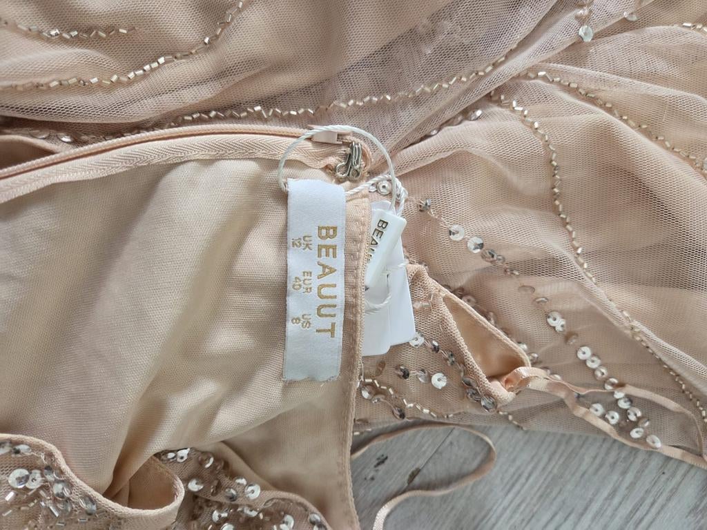 Nieuwe Beauut Petite Bruidsmeisjes Maxi Jurk met Overslag, Beige, Nieuw, Ophalen of Verzenden, Maat 36 (S)
