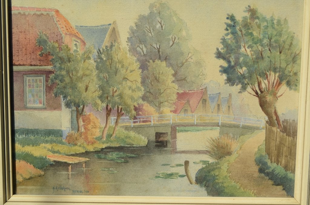 Aquarel Gesigneerd Schellekens '48 Kethel (Schiedam), Antiek en Kunst, Achter glas, Ophalen of Verzenden, Klassiek, Aquarel