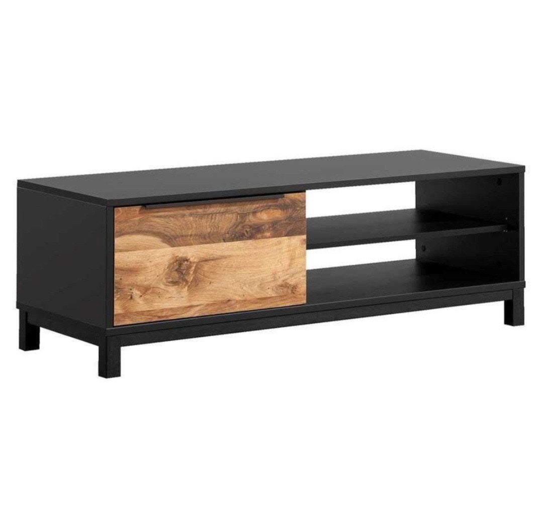TV-meubel met lade en open vakken - Zwart/Hout, Gebruikt, 100 tot 150 cm, Modern industrieel, Minder dan 100 cm