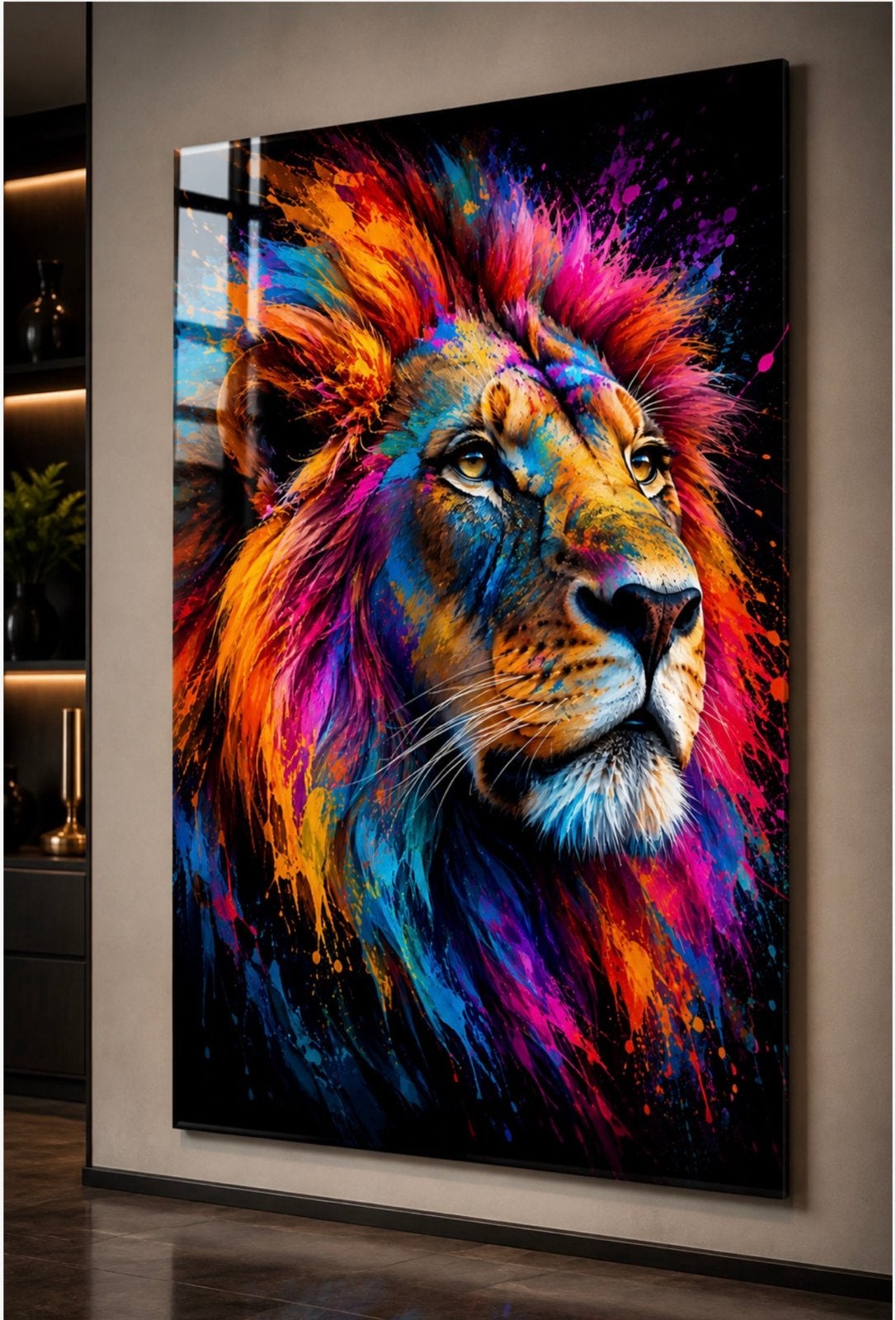 Plexiglas schilderij 120x80cm - Kleurrijke Leeuw, Ophalen of Verzenden, Kunststof, Print, Dieren