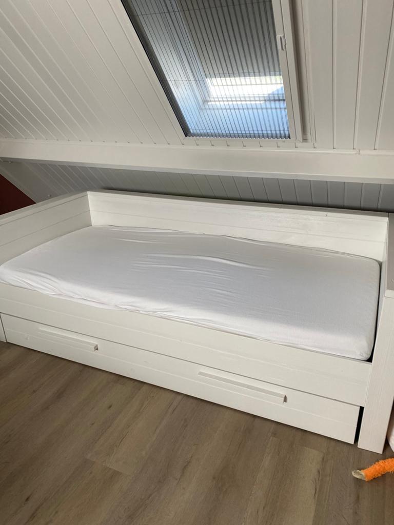 Wit houten bed met grote lade eronder 90x200 (101x219), Gebruikt, 100 cm of meer, 180 cm of meer, Ophalen
