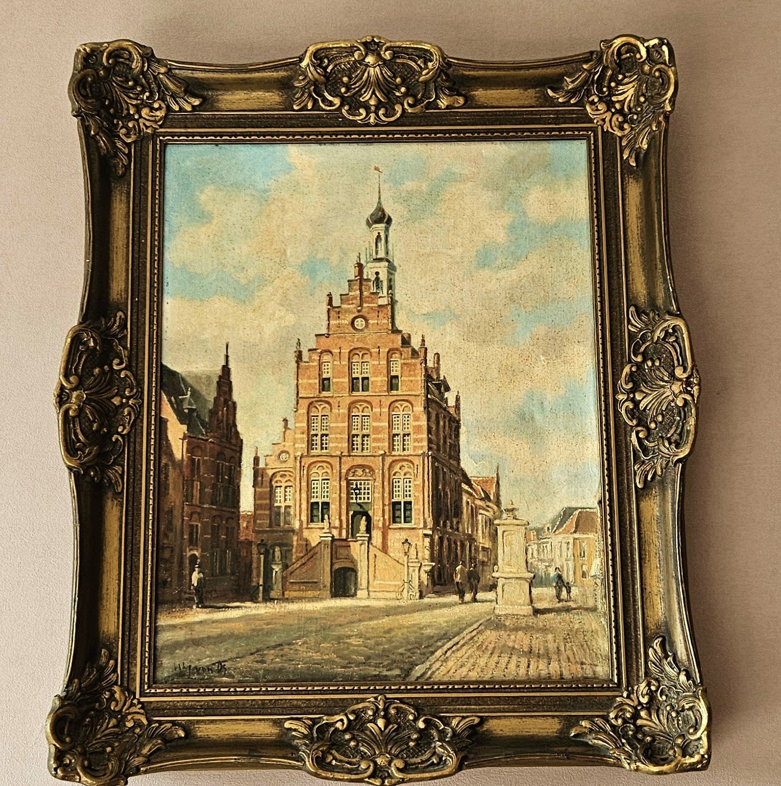 GesigJ. van Os  of H.J ? Antiek-olieverf -stadgezicht opdoek, Ophalen