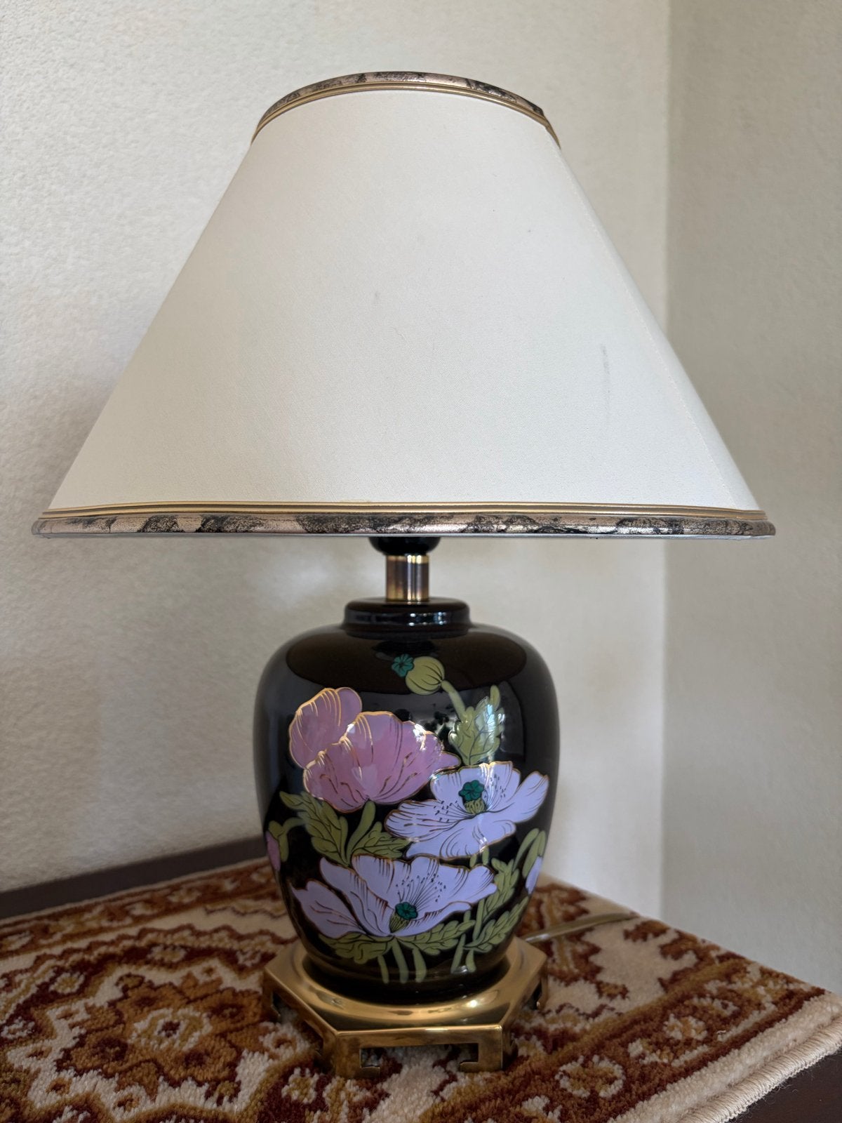 Vintage tafel/sfeerlamp zwart met bloemmotief, Ophalen, Gebruikt, Keramiek, 39 cm